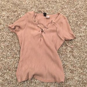 pink/nude lace up crop top tee